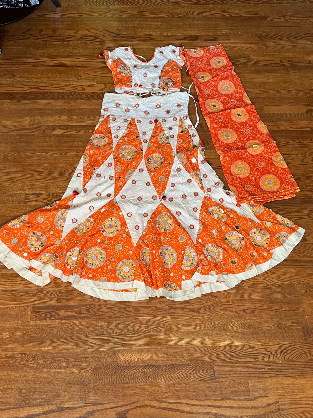 Girls Orange and White Dance Costume Set – three-Piece Skirt, Top and Dupatta